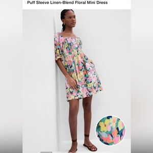 Puff Sleeve Linen-Blend Floral Mini Dress